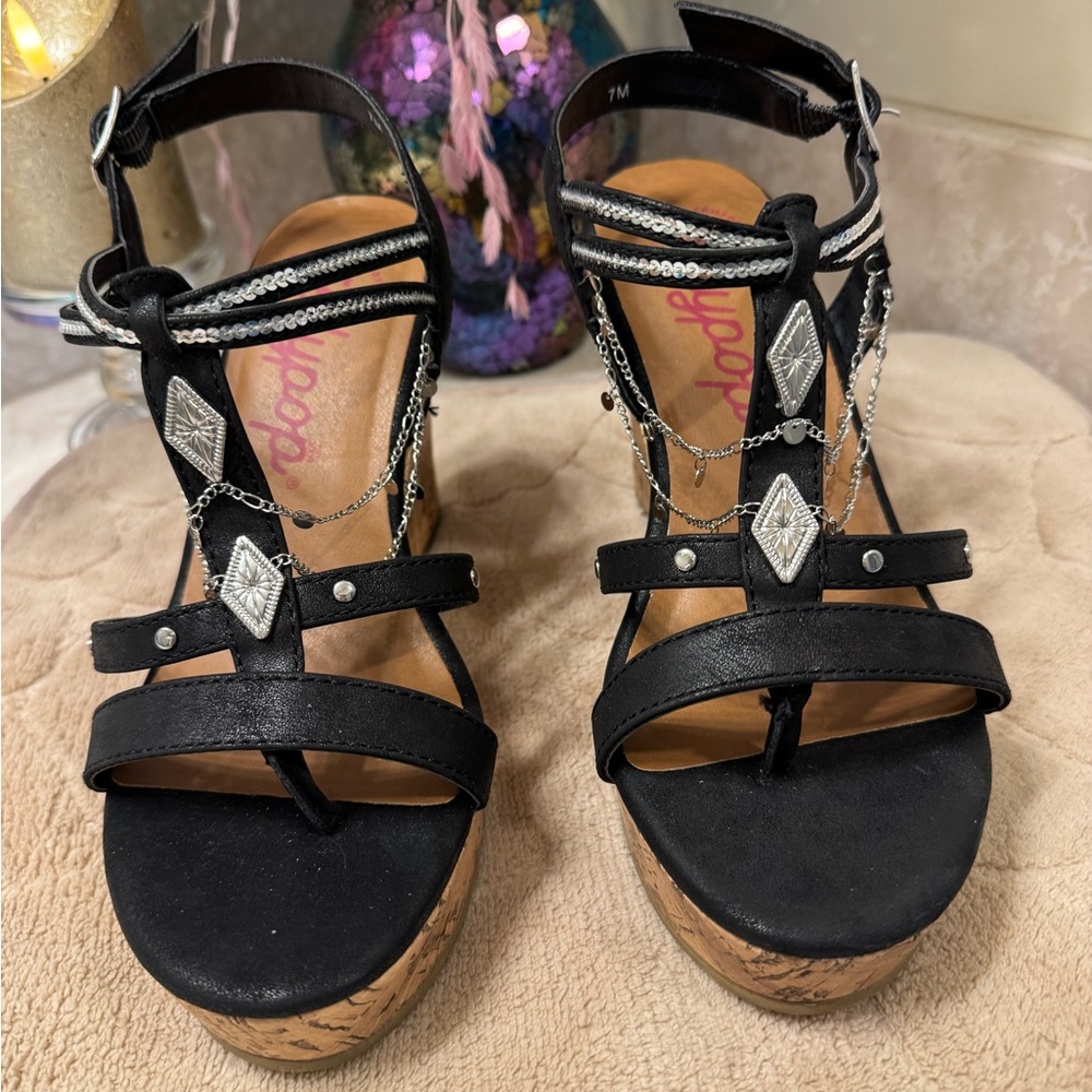 Jellypop Rabell black cork wedge sandals size 7 sexy boho rhinestone chain NIB